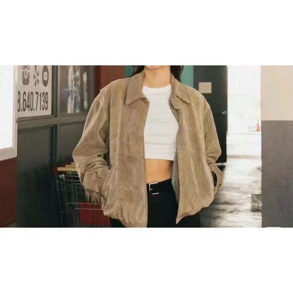 The Row Roan Sude Calfskin Leather Beige Bomber Jacket | Kylie Jenner - Picture 1 of 7